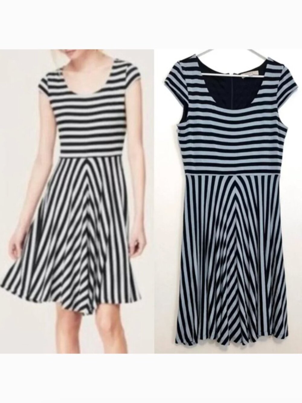 ANN TAYLOR LOFT Striped Cap Sleeve Dress Blue Navy Blue Knee / Midi Fit & Flare